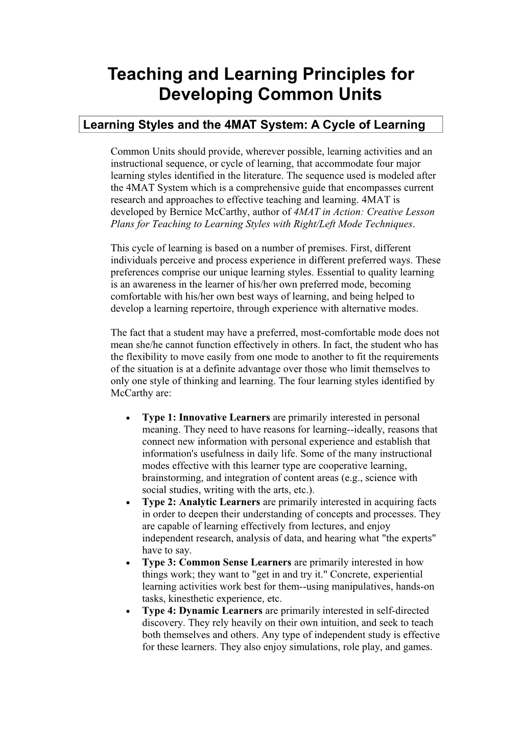 Learning Styles and the 4MAT System