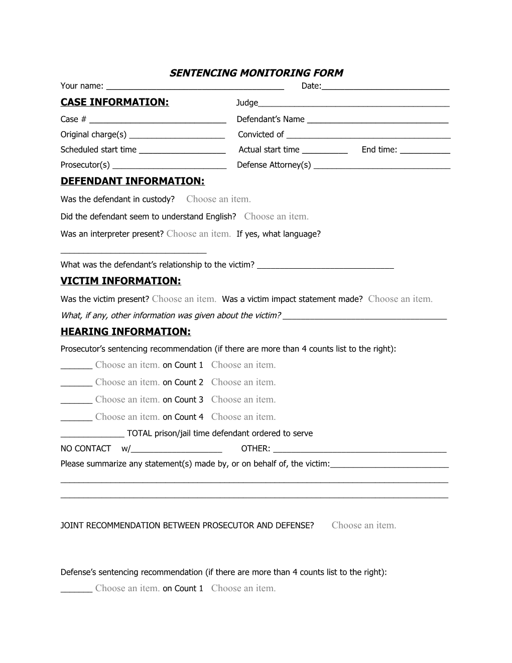 Sentencing Monitoring Form