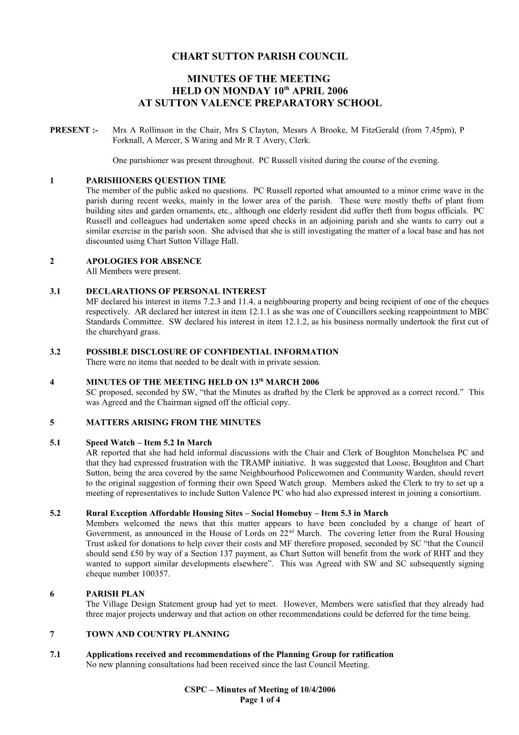 CHART SUTTON PARISH COUNCIL - 15Th April 2002