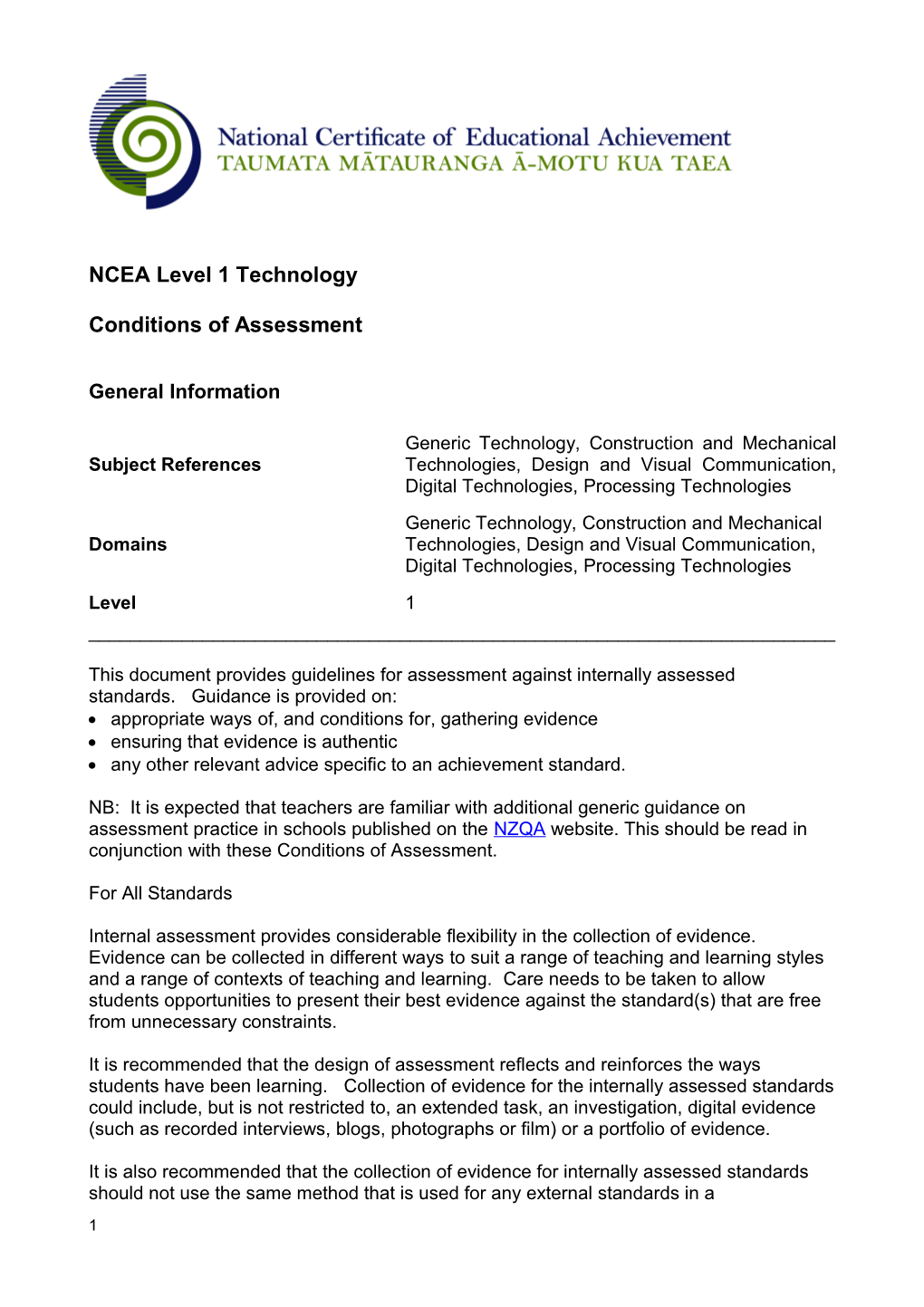 Technology L1 Conditions of Assessment