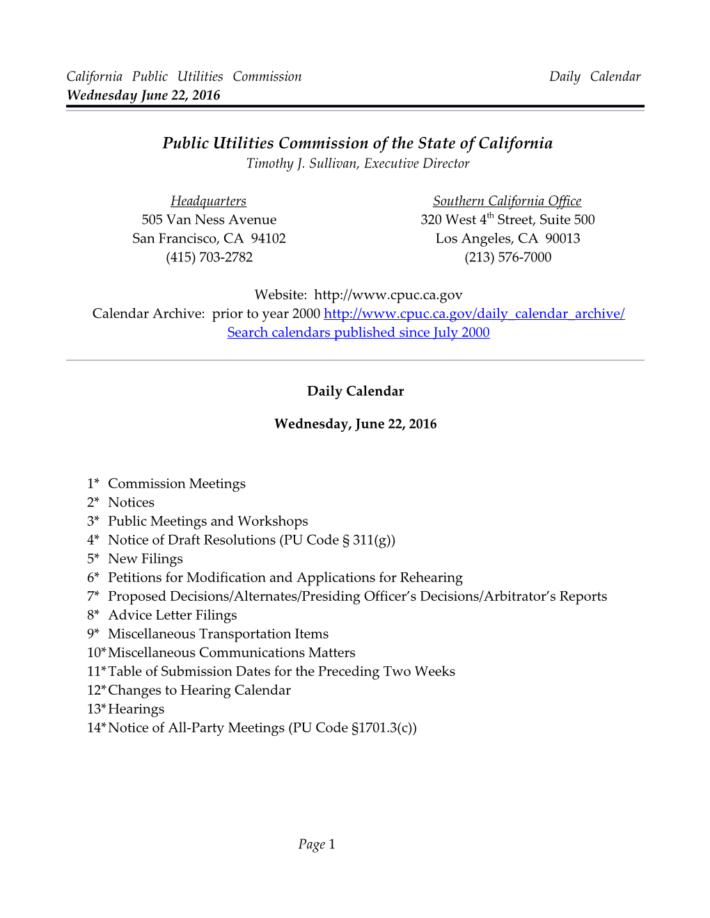 California Public Utilities Commission Daily Calendar Wednesday June 22, 2016