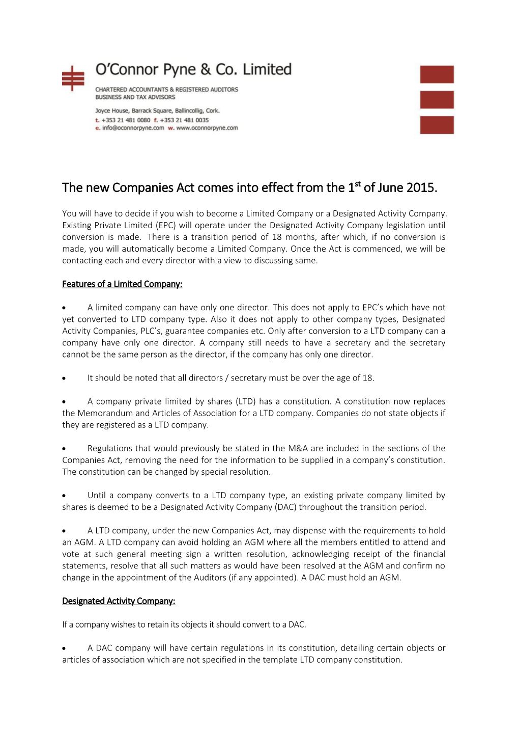 The New Companies Act Comes Into Effect from the 1St of June 2015