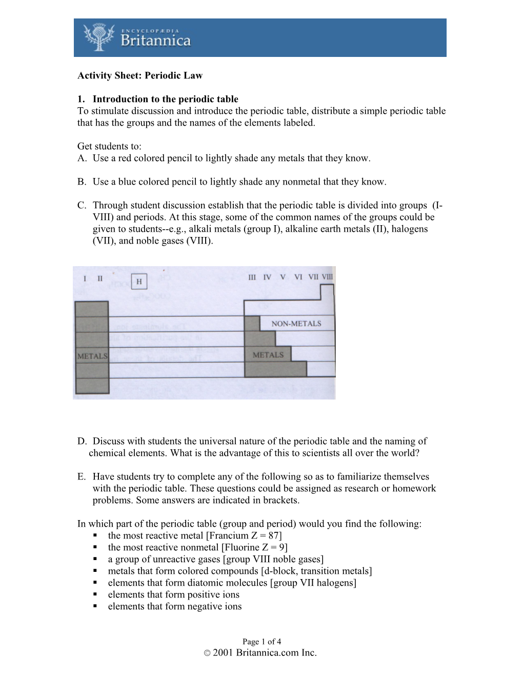 Activity Sheet: Periodic Law