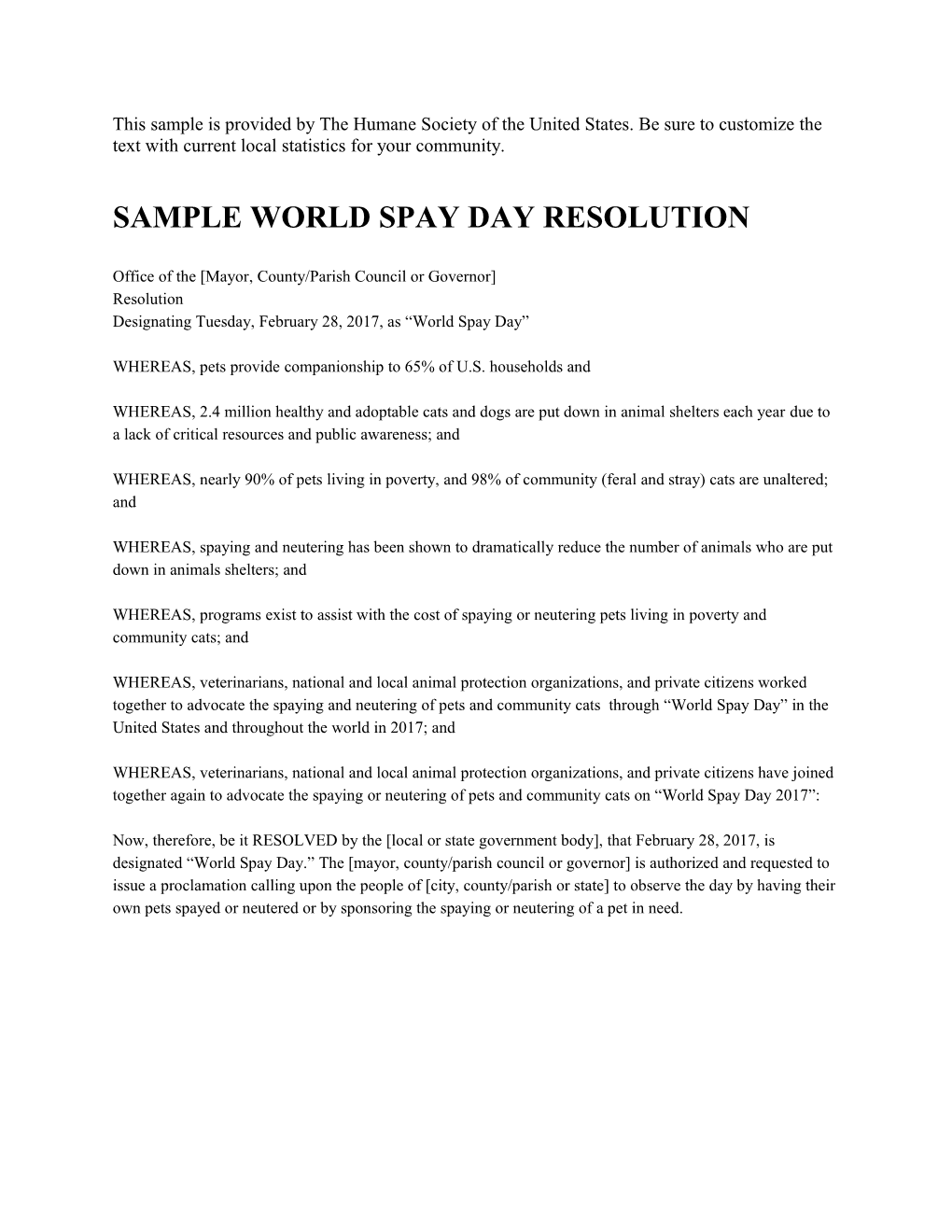 Sample World Spay Day Resolution