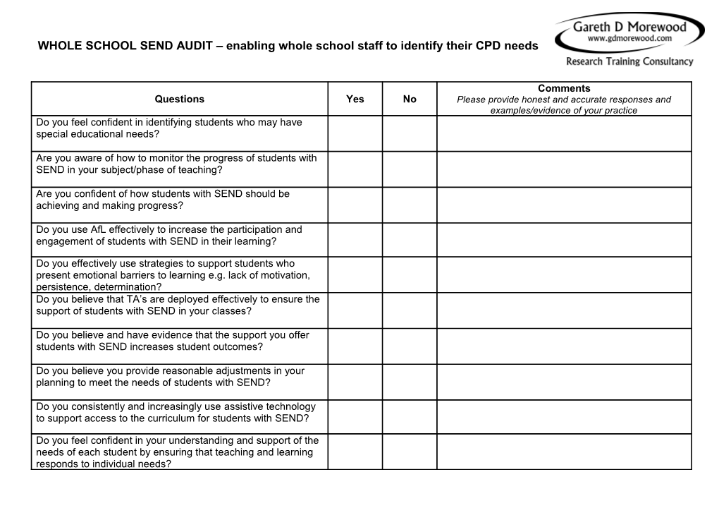 WHOLE SCHOOL SEND AUDIT Enabling Whole School Staff to Identify Their CPD Needs