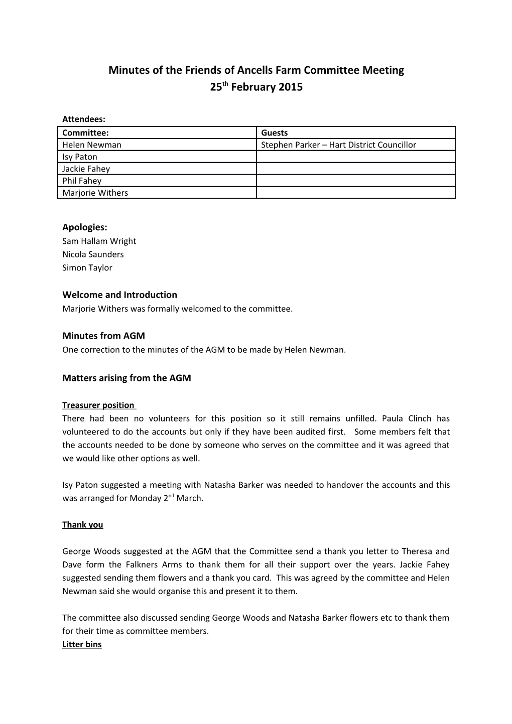 Minutes of the Friends of Ancells Farm Committee Meeting