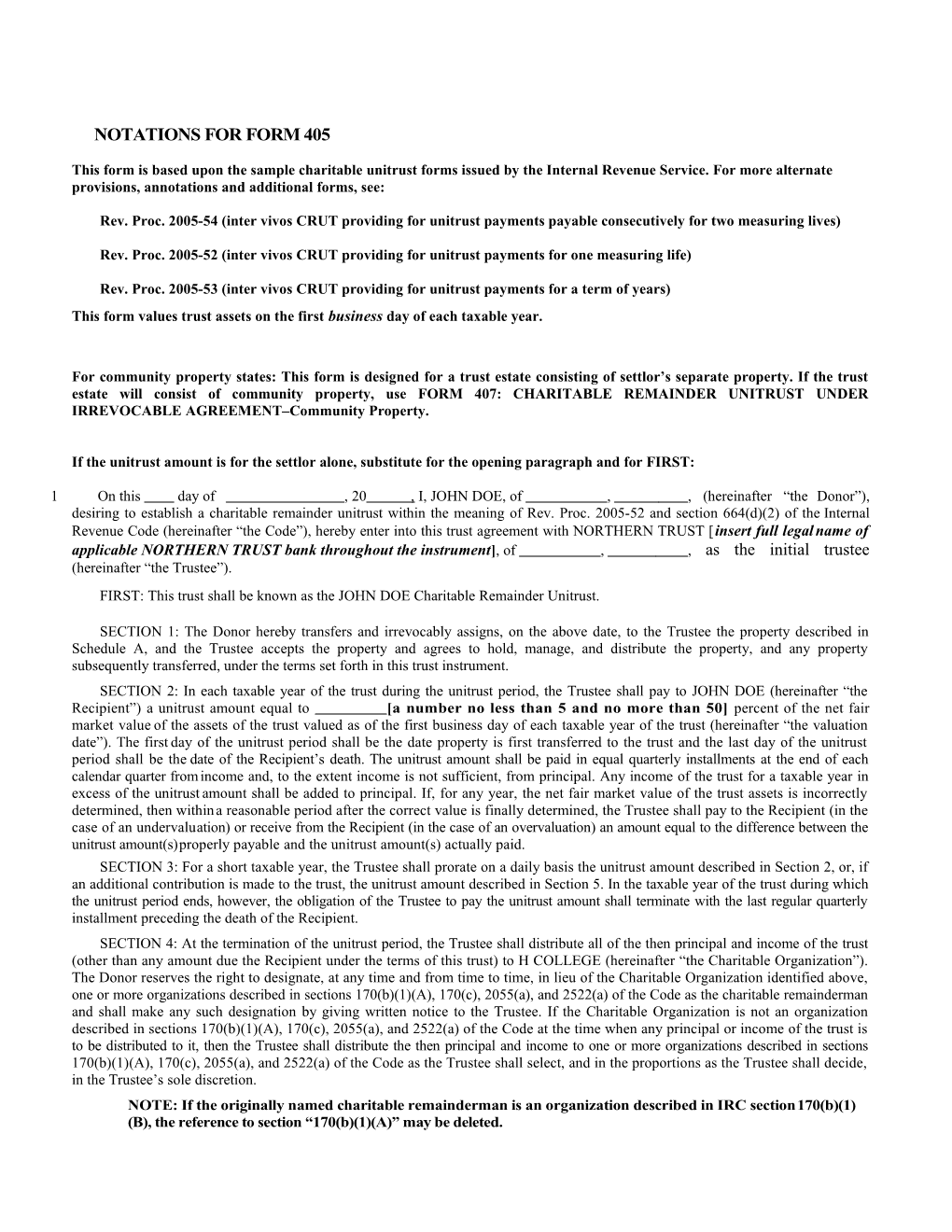 Notations for Form 405