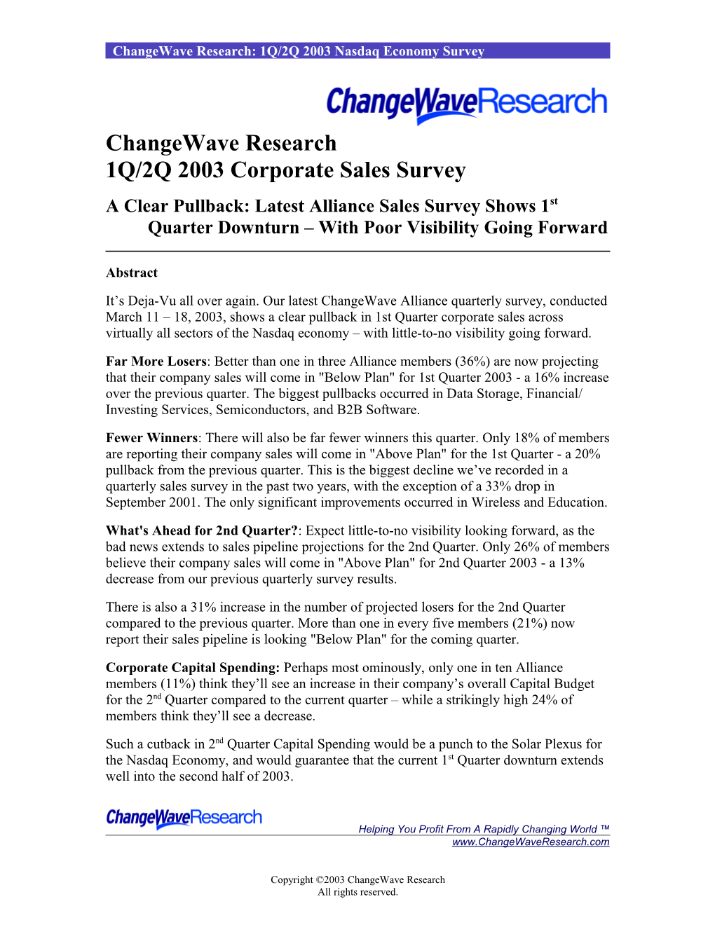 Changewave Research: 1Q/2Q 2003 Nasdaq Economy Survey