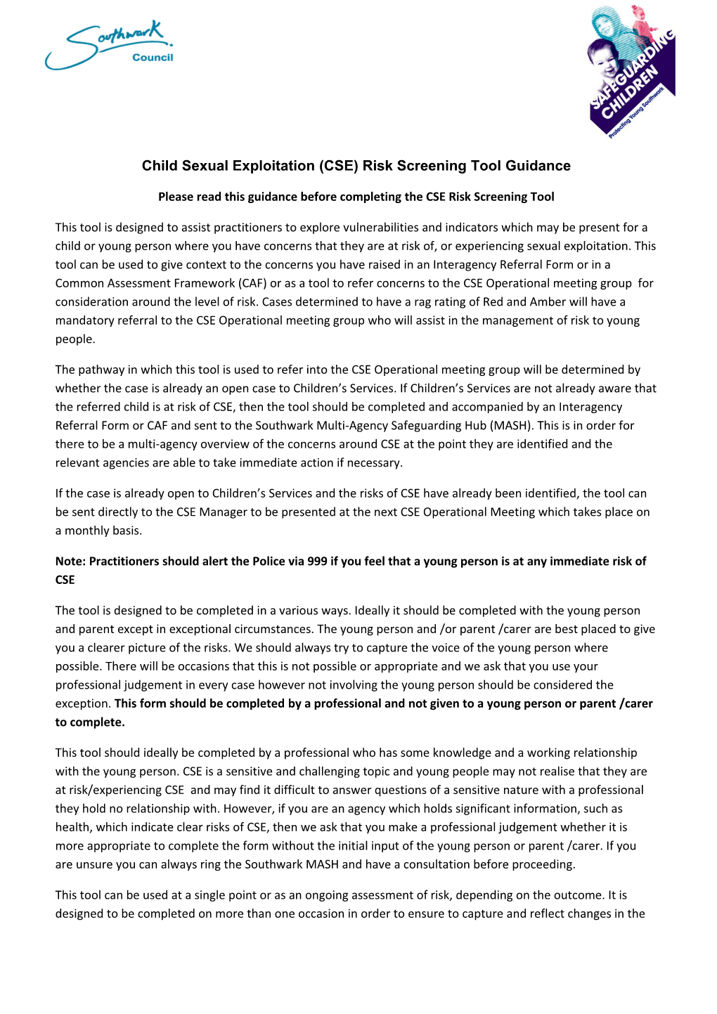 Child Sexual Exploitation (CSE) Risk Screening Tool Guidance