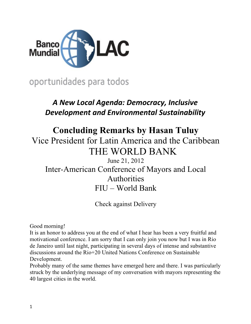 A New Local Agenda: Democracy, Inclusive Development and Environmental Sustainability