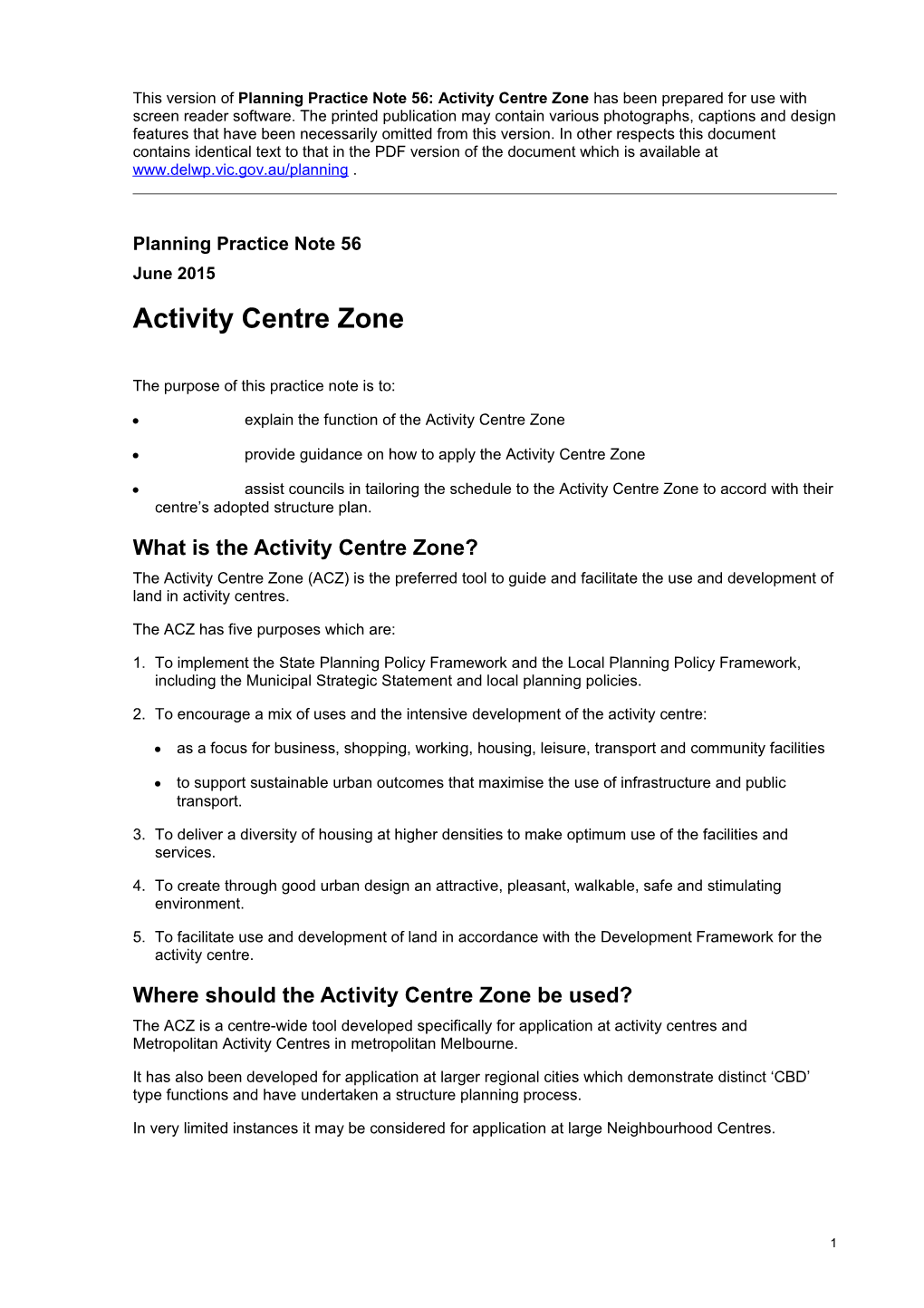 Planning Practice Note 56: Activity Centre Zone