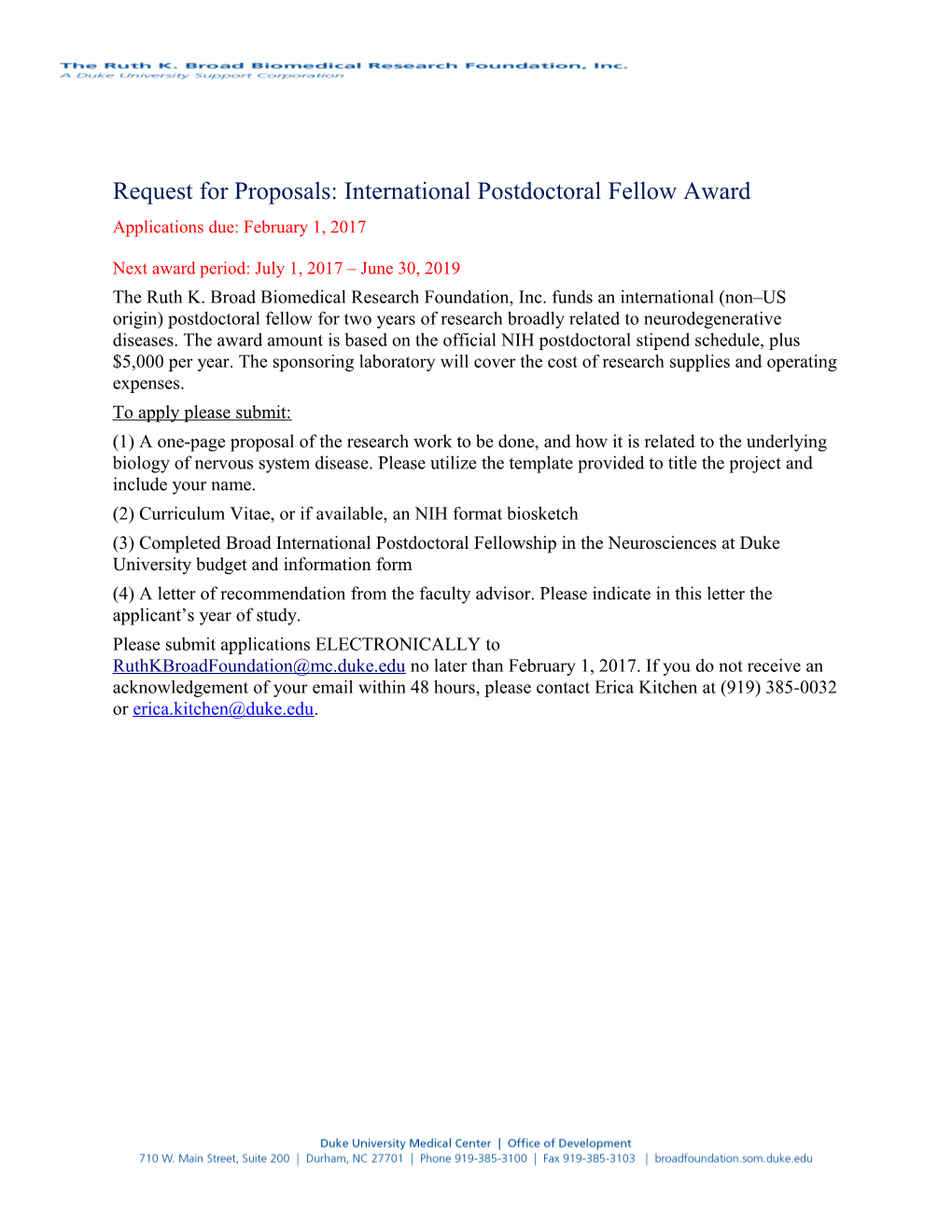 Request for Proposals: International Postdoctoral Fellow Award