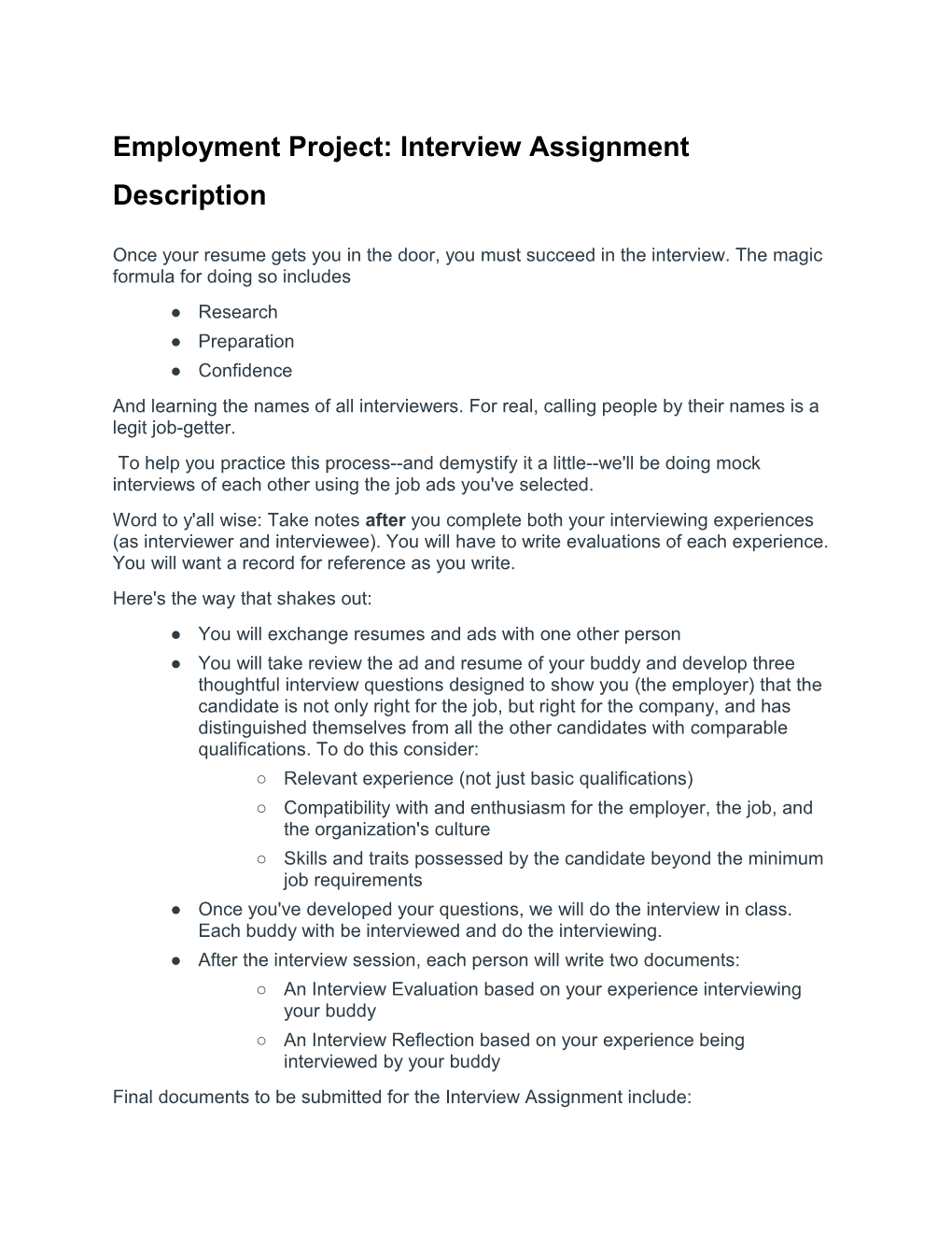Employment Project: Interview Assignment Description