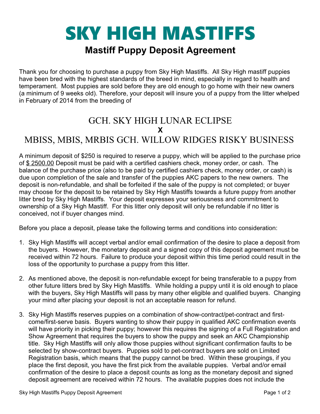 Mastiff Puppy Deposit Agreement