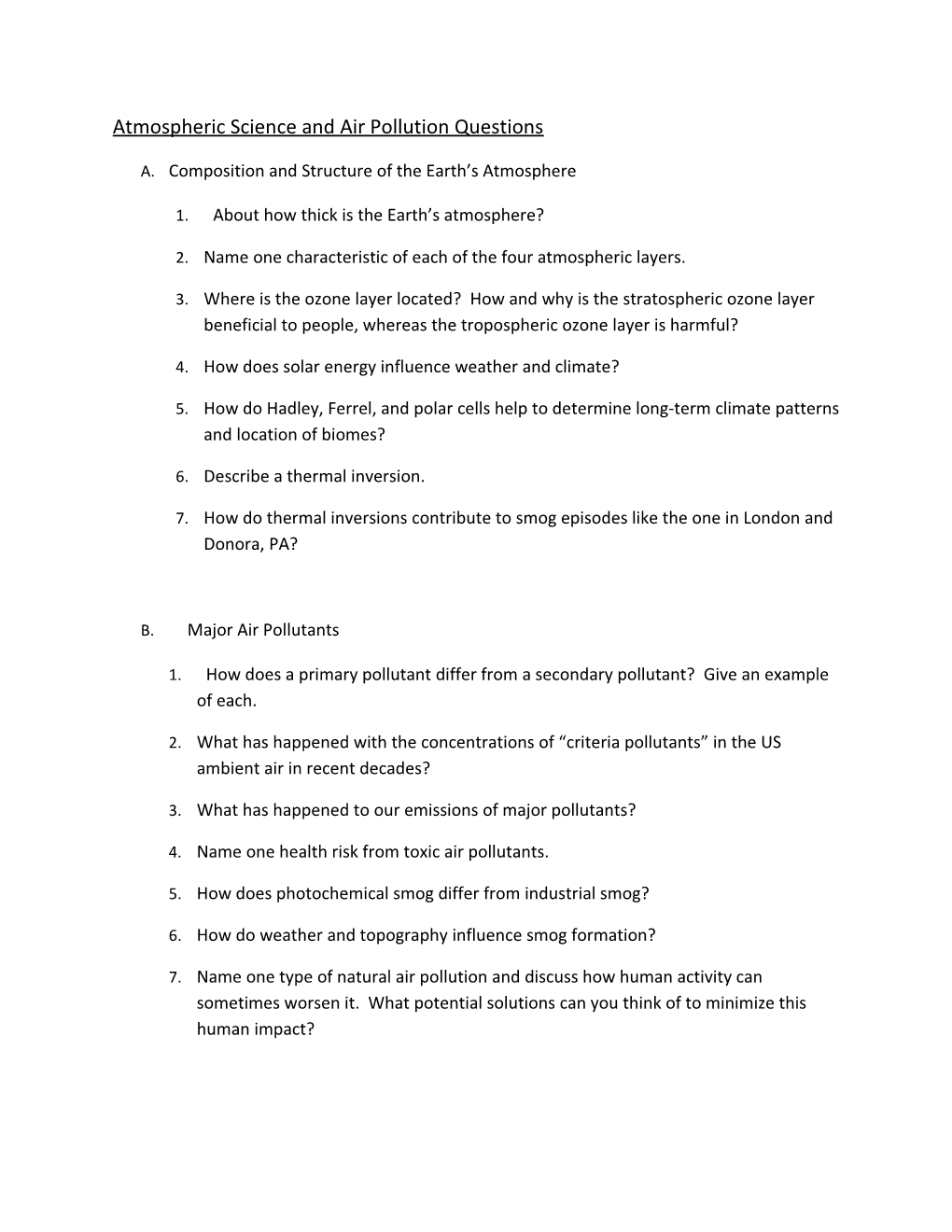 Atmospheric Science and Air Pollution Questions