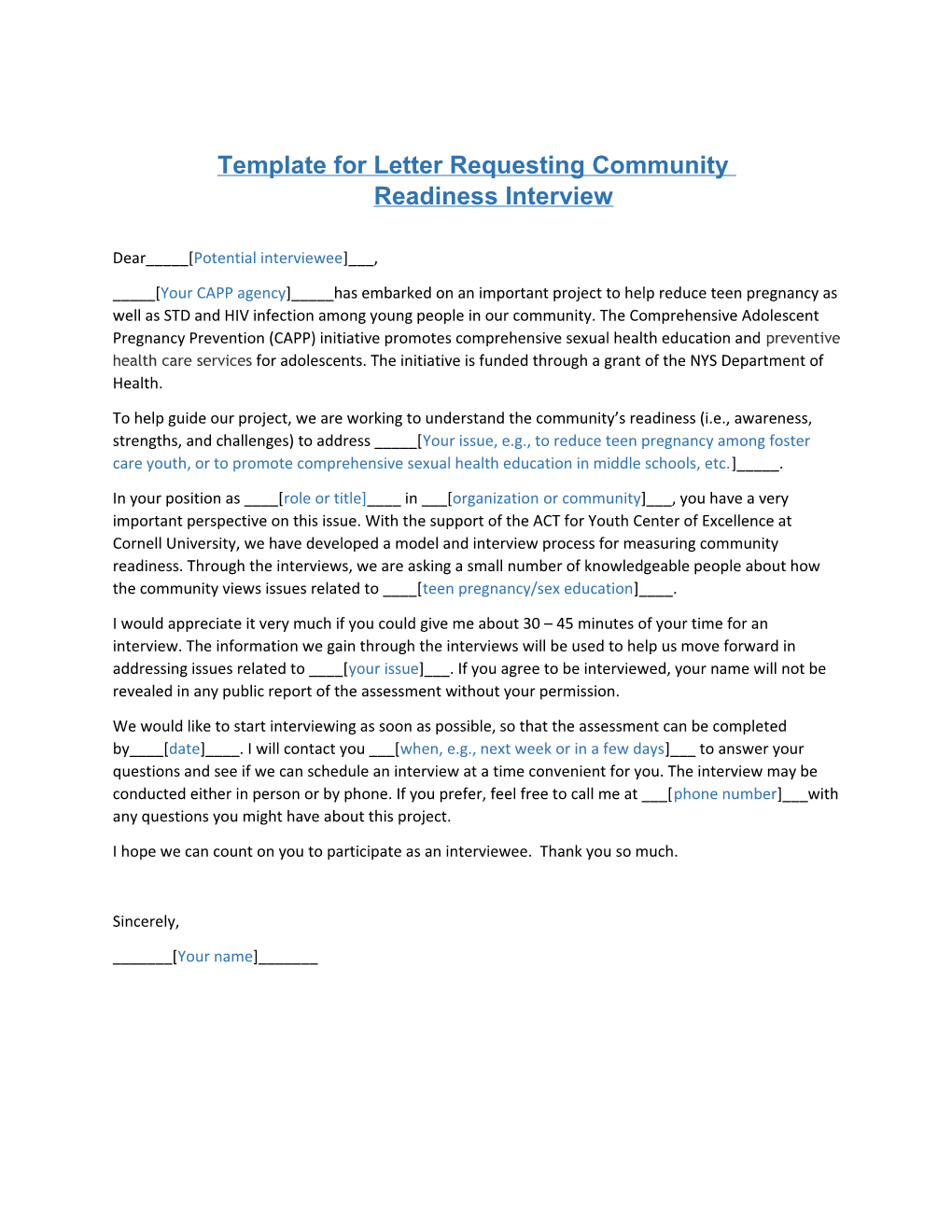 Template for Letter Requesting Community Readiness Interview