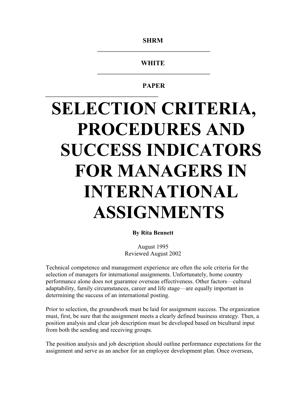 Selection Criteria, Procedures and Success Indicators for Managers in International Assignments