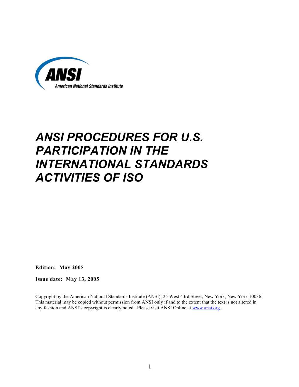 ANSI Procedures for U.S. Participation in the International Standards Activities of ISO s1