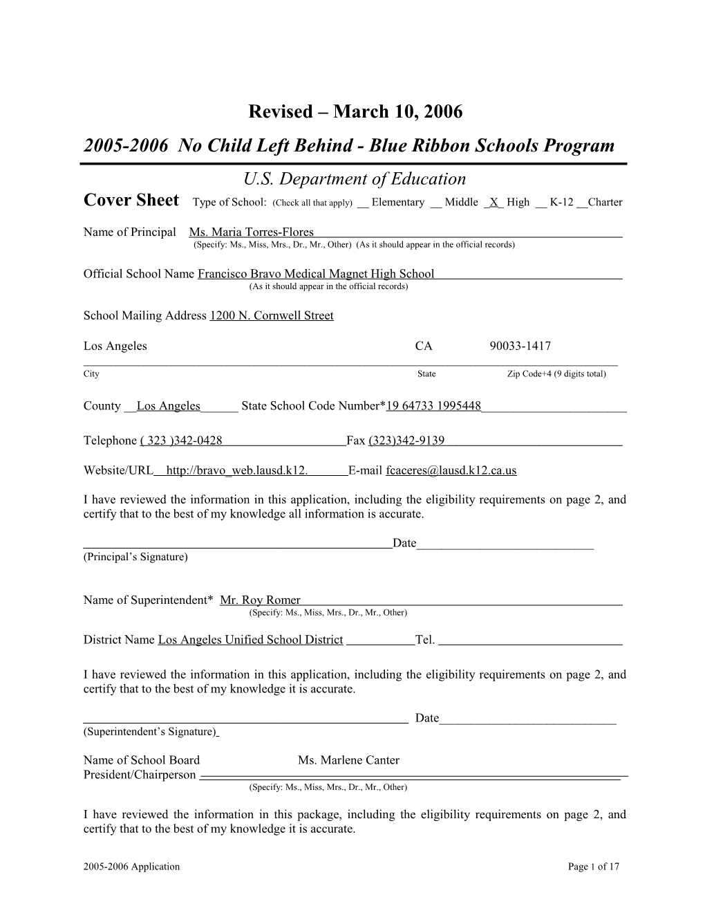 Application: 2005-2006, No Child Left Behind - Blue Ribbon Schools Program (Msword) s3