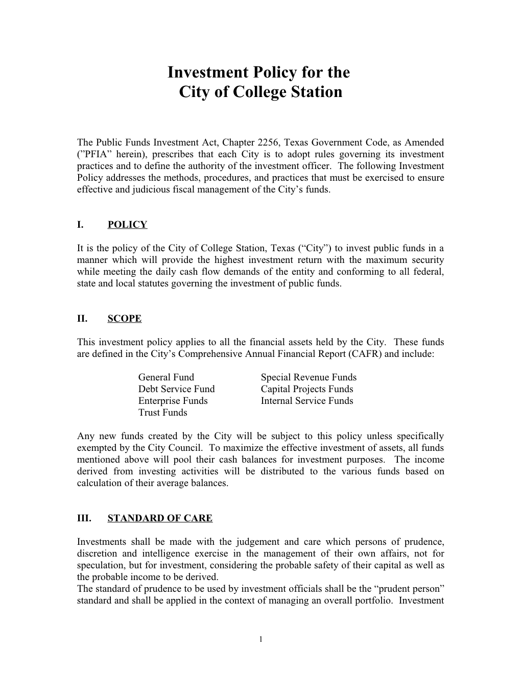 Investment Policy for the City of College Station