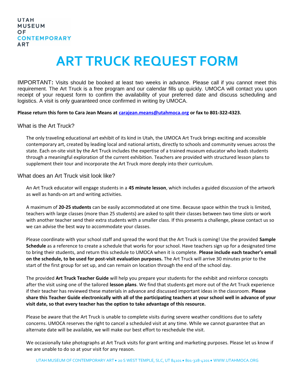 Salt Lake Art Center Tour Request Form