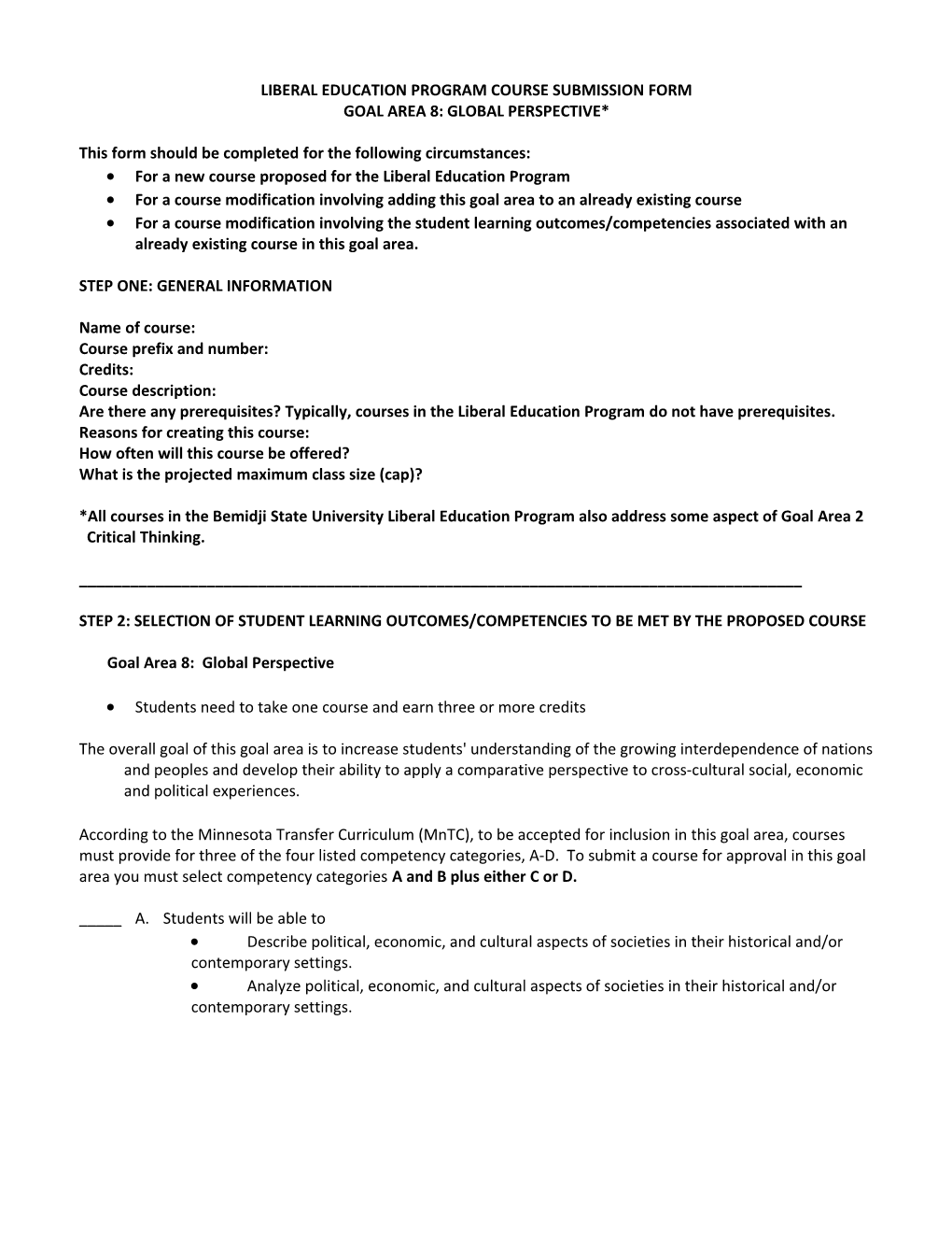 Liberal Education Program Course Submission Form