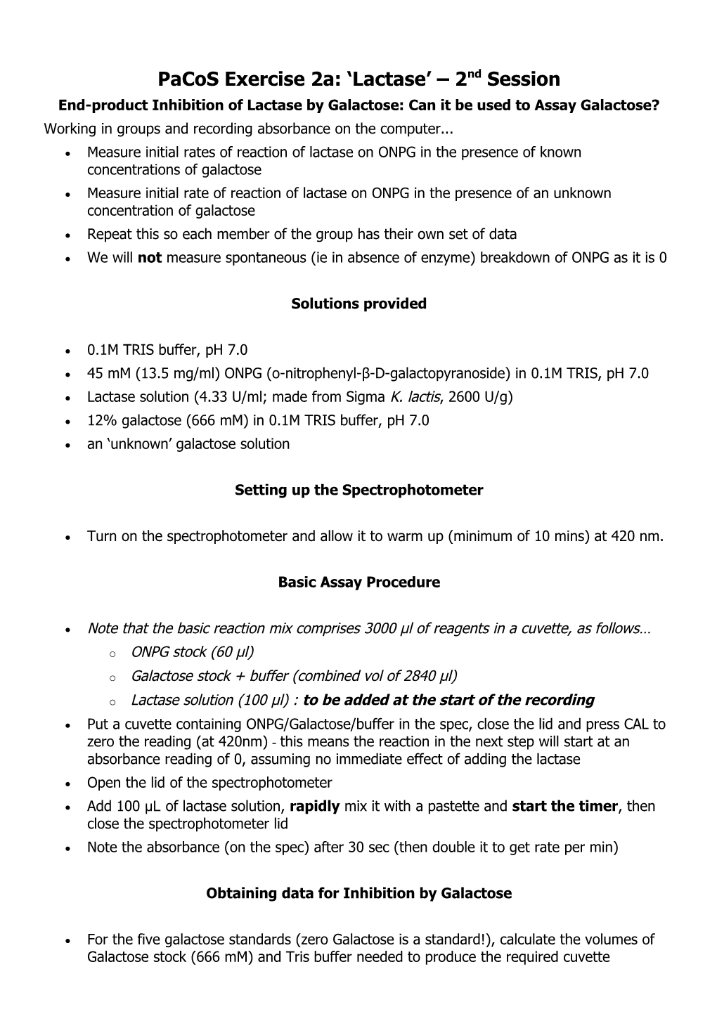 Pacos Exercise 2A: Lactase 2Nd Session