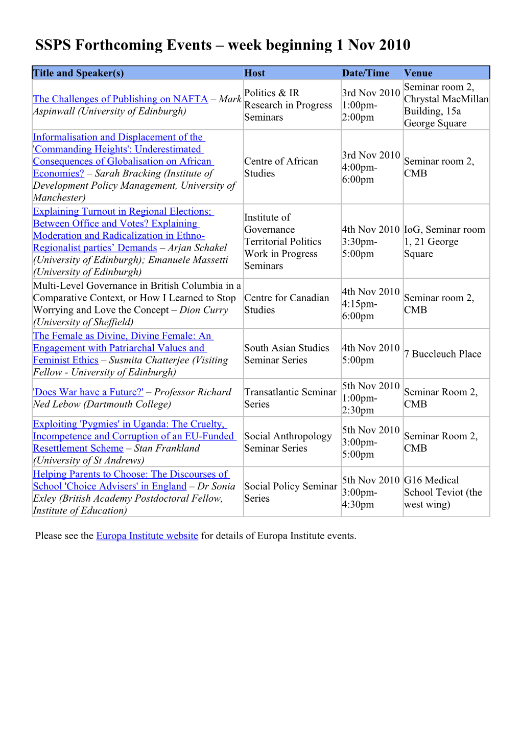 SSPS Forthcoming Events Week Beginning 20 September 2010