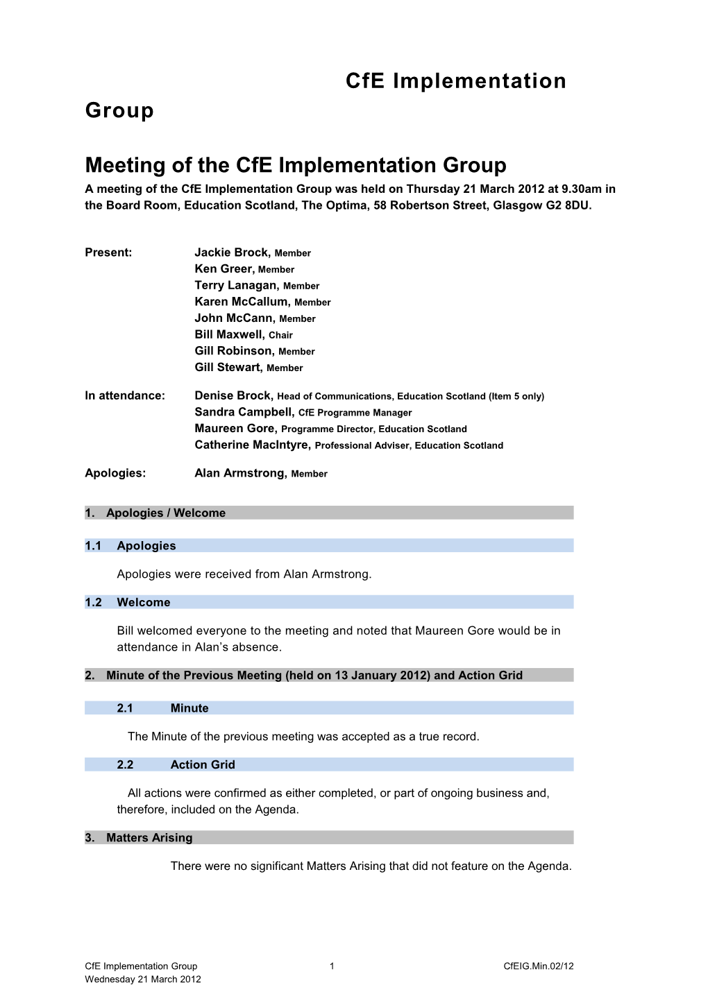 Word File: Minutes from Cfe Implentation Group Meeting 21/03/12