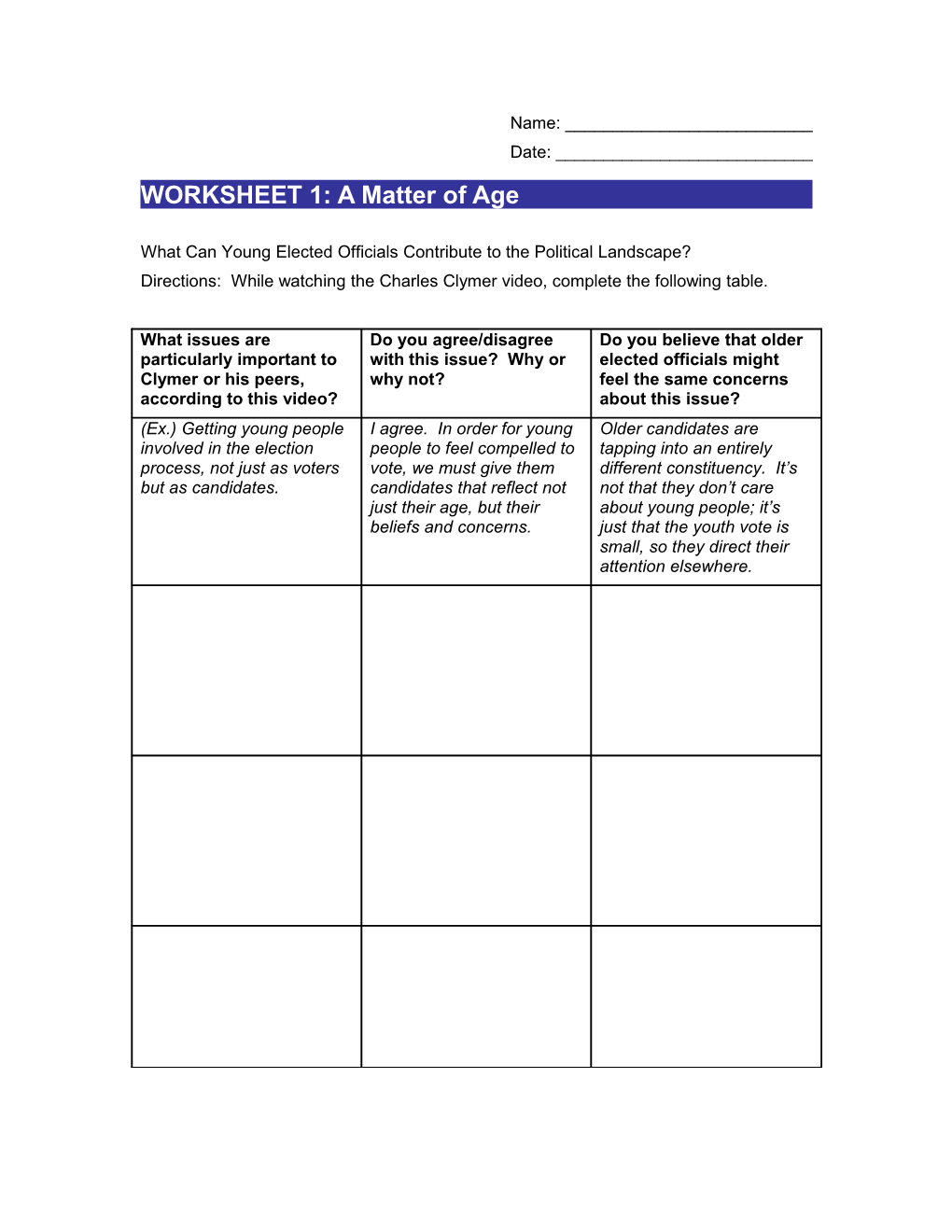 WORKSHEET 1: a Matter of Age