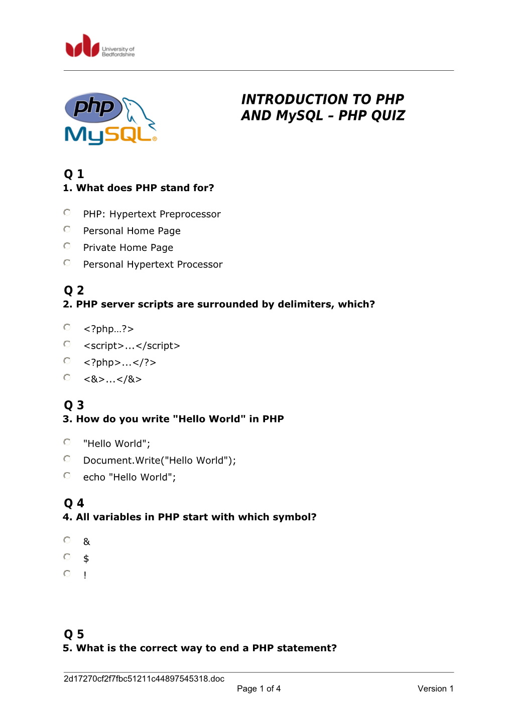 INTRODUCTION to PHP and Mysql PHP QUIZ