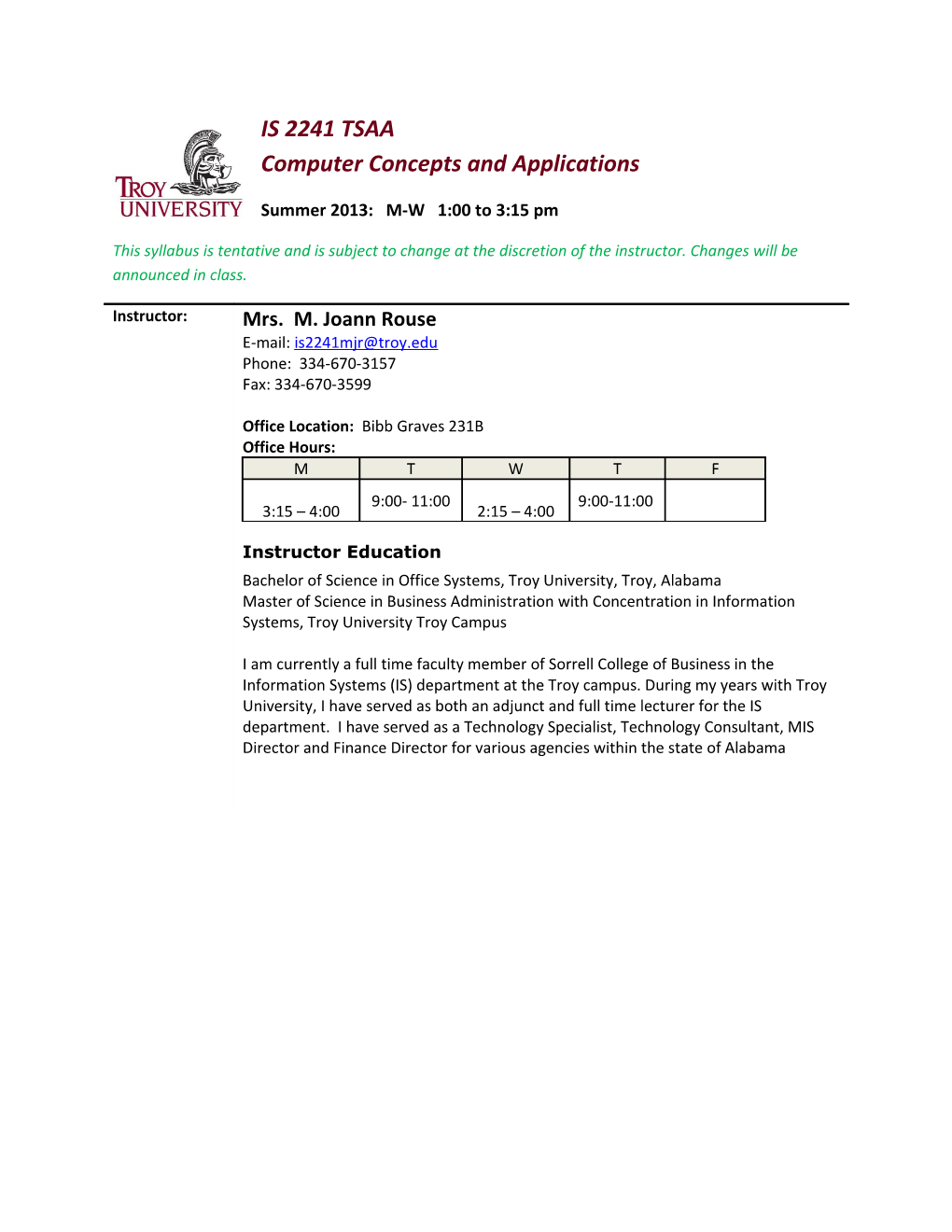 IS 2241 TSAA Computer Concepts and Applications