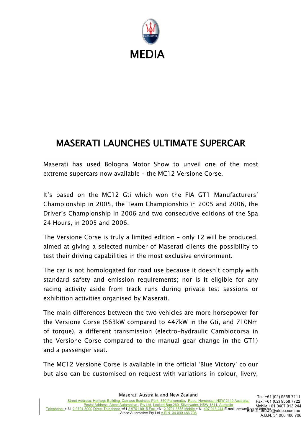 Maserati Launches Ultimate Supercar