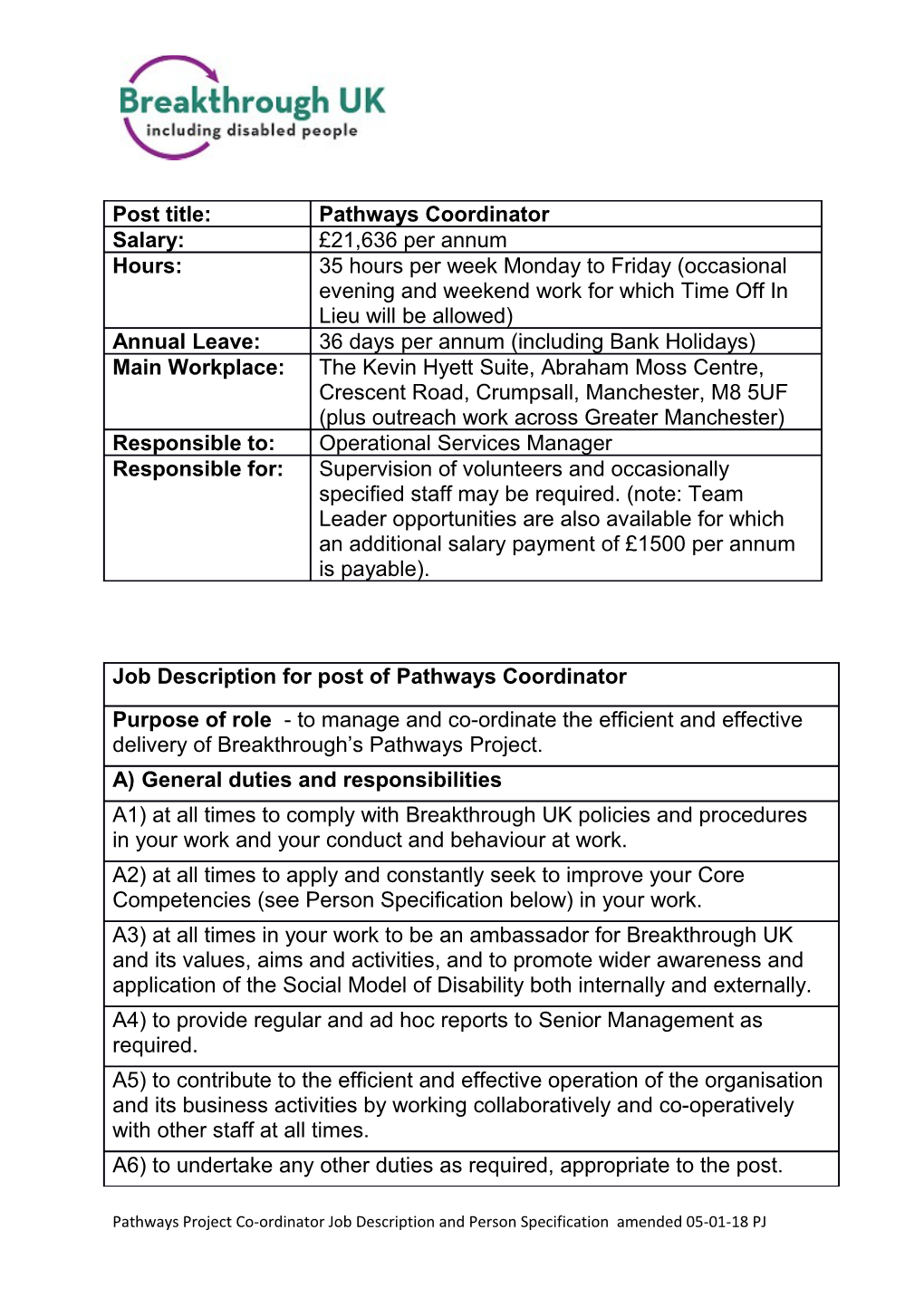 Pathways Project Co-Ordinator Job Description and Person Specification Amended 05-01-18 PJ