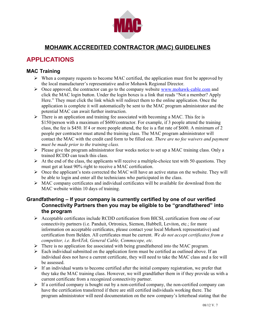 Mohawk Accredited Contractor (Mac) Guidelines