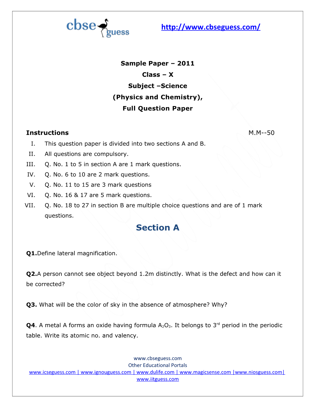 Sample Paper 2011 Class X Subject Science