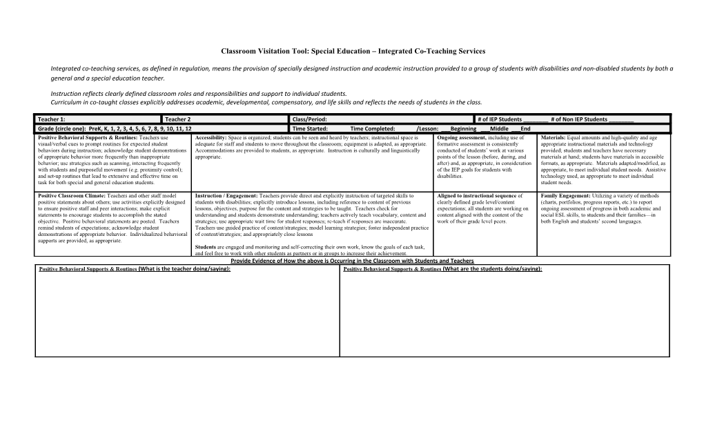 Classroom Visitation Tool: Special Education Integrated Co-Teaching Services