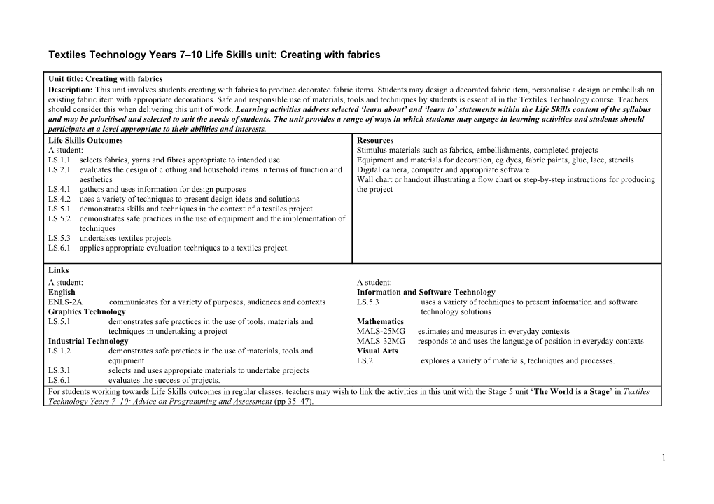 Textiles Technology Years 7 10 Life Skills Unit: Creating with Fabrics