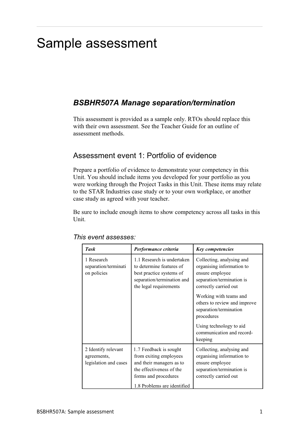 Assessment Event 1: Portfolio of Evidence