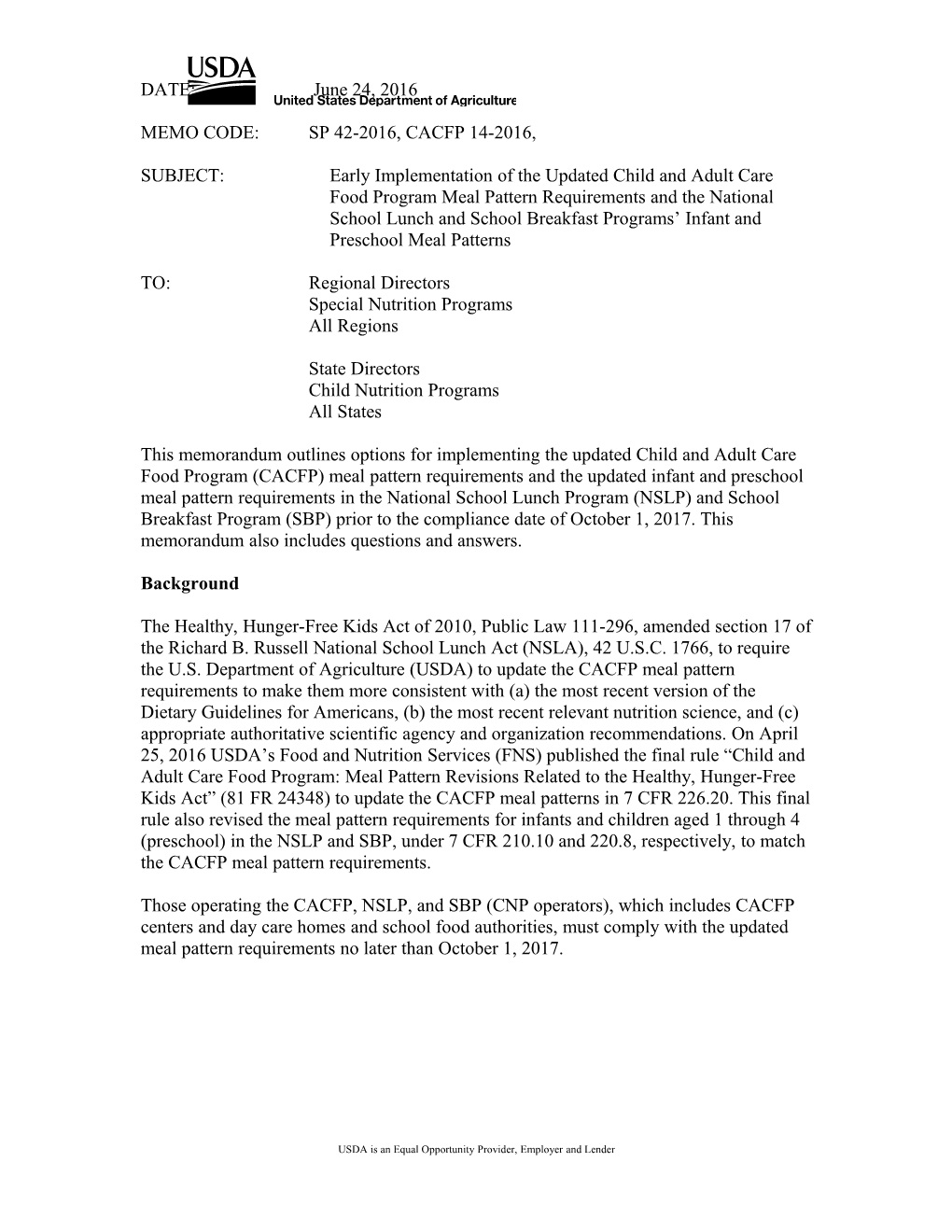 SP 42-2016, CACFP 14-2016: Early Implementation of the Updated CACFP Meal Patterns And