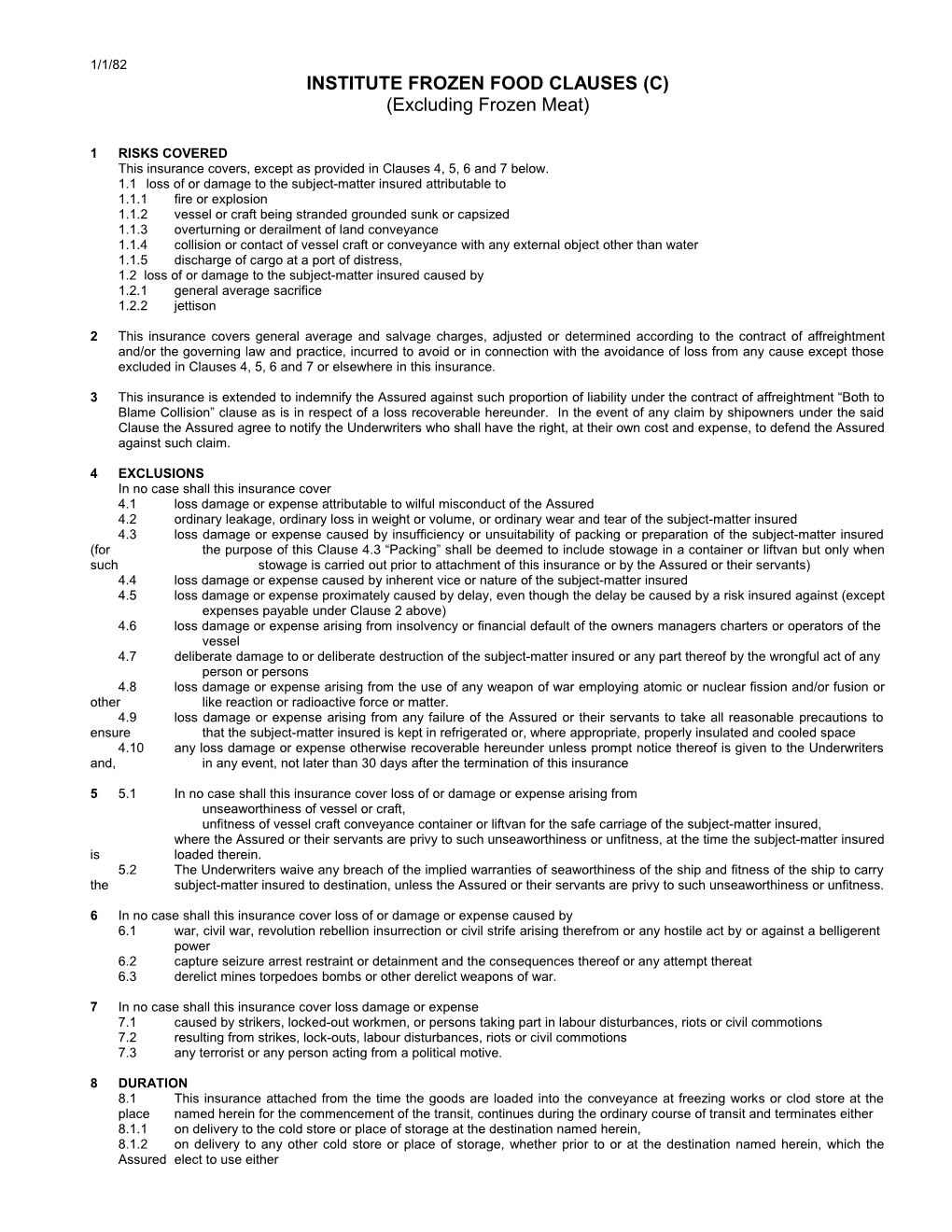 Institute Frozen Food Clauses (C)