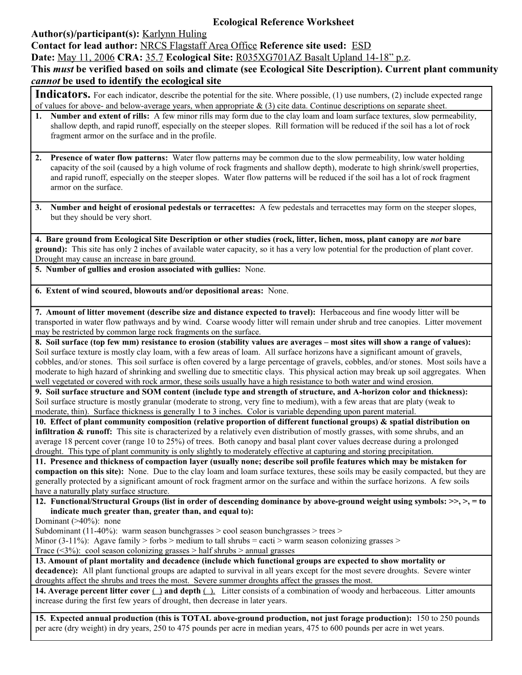 Ecological Reference Worksheet