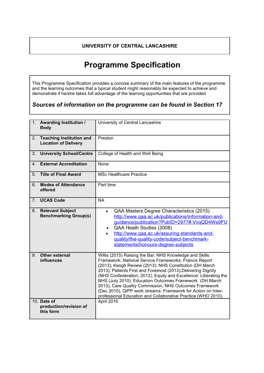 Msc Healthcare Practice (Sept 2016)