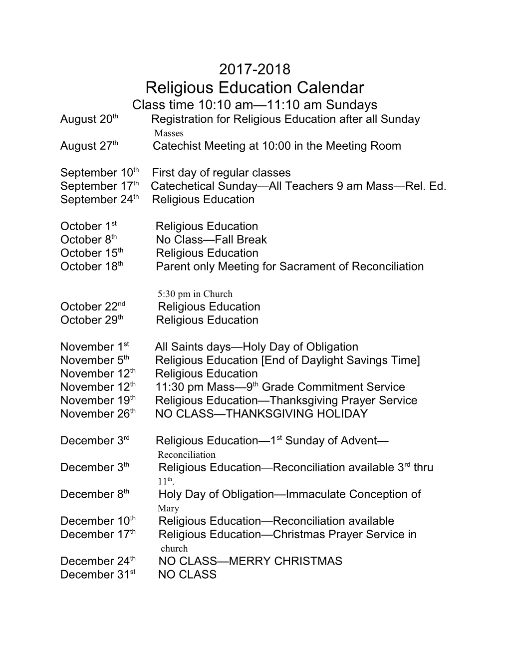 Religious Education Calendar