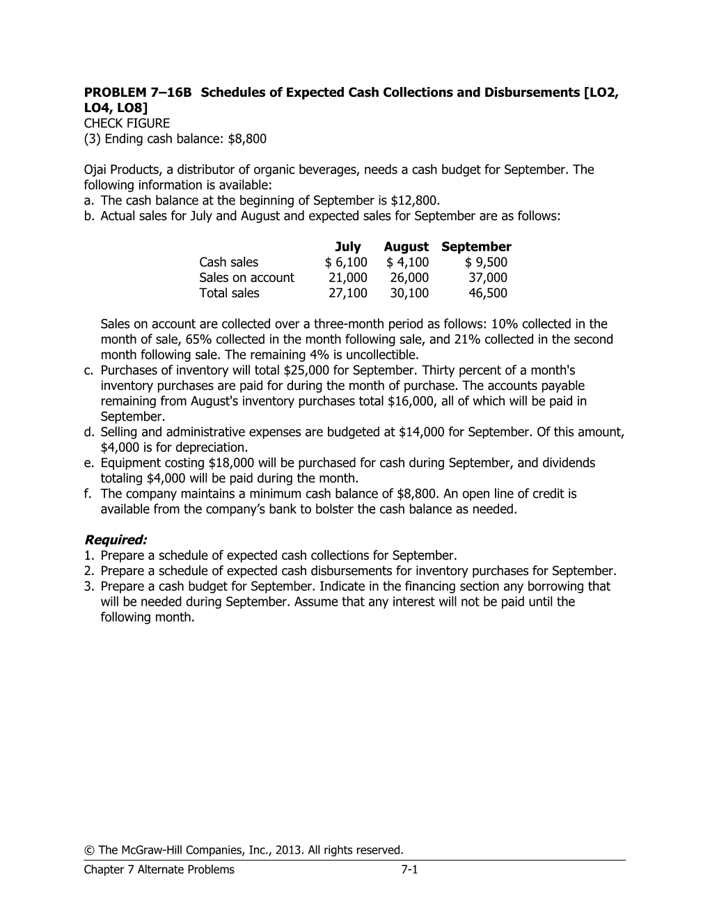 PROBLEM 7 16Bschedules of Expected Cash Collections and Disbursements LO2, LO4, LO8