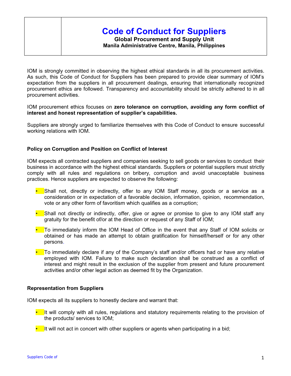 Code of Conduct for Suppliers Rev 27.3.12