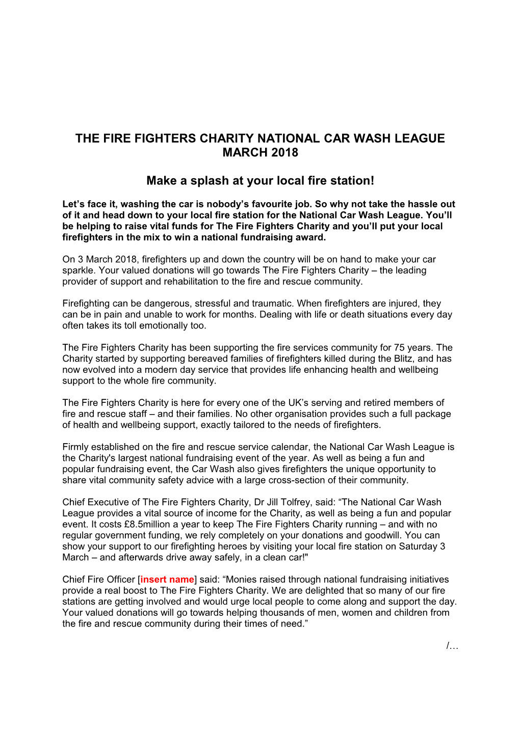 The Fire Fighters Charity National Car Wash League