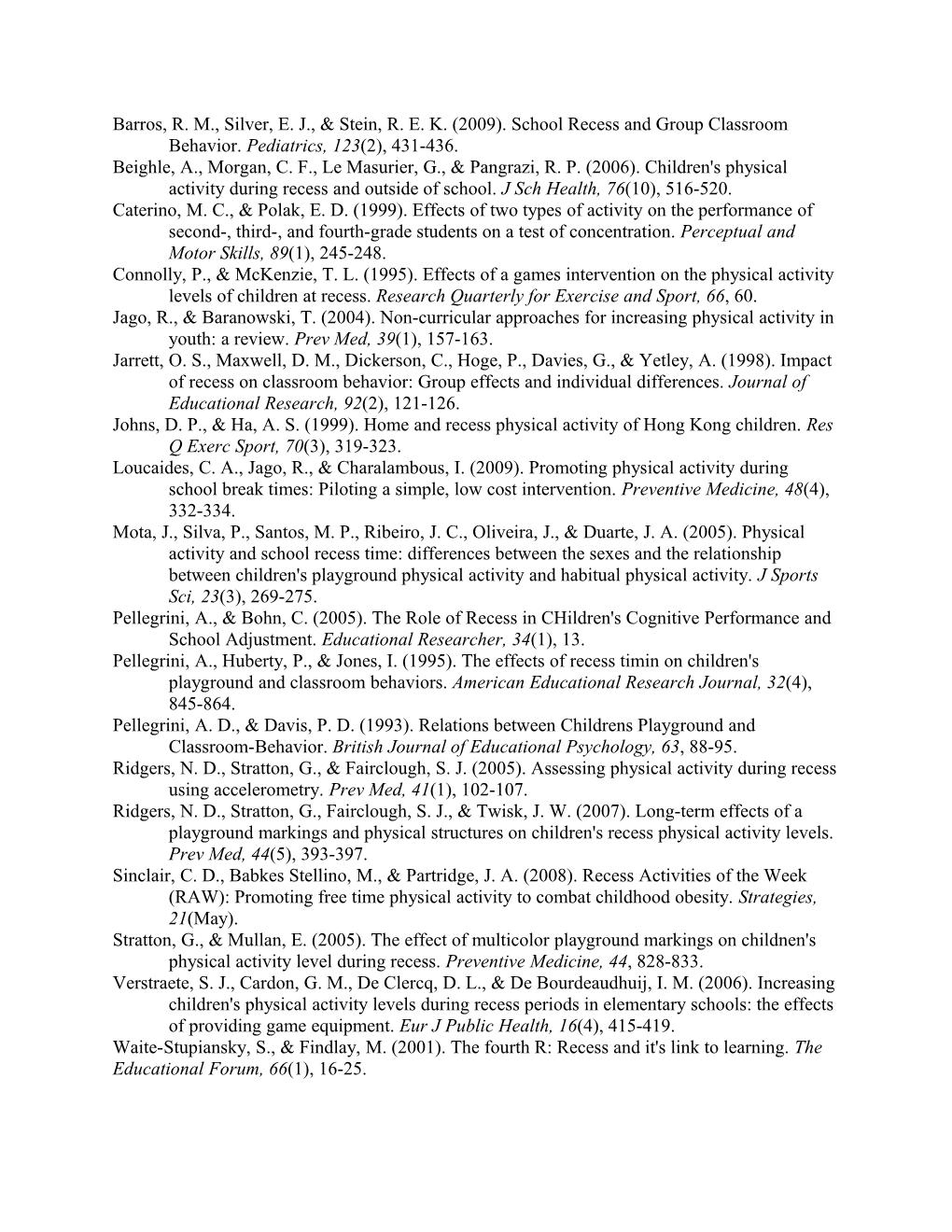 Barros, R. M., Silver, E. J., & Stein, R. E. K. (2009). School Recess and Group Classroom