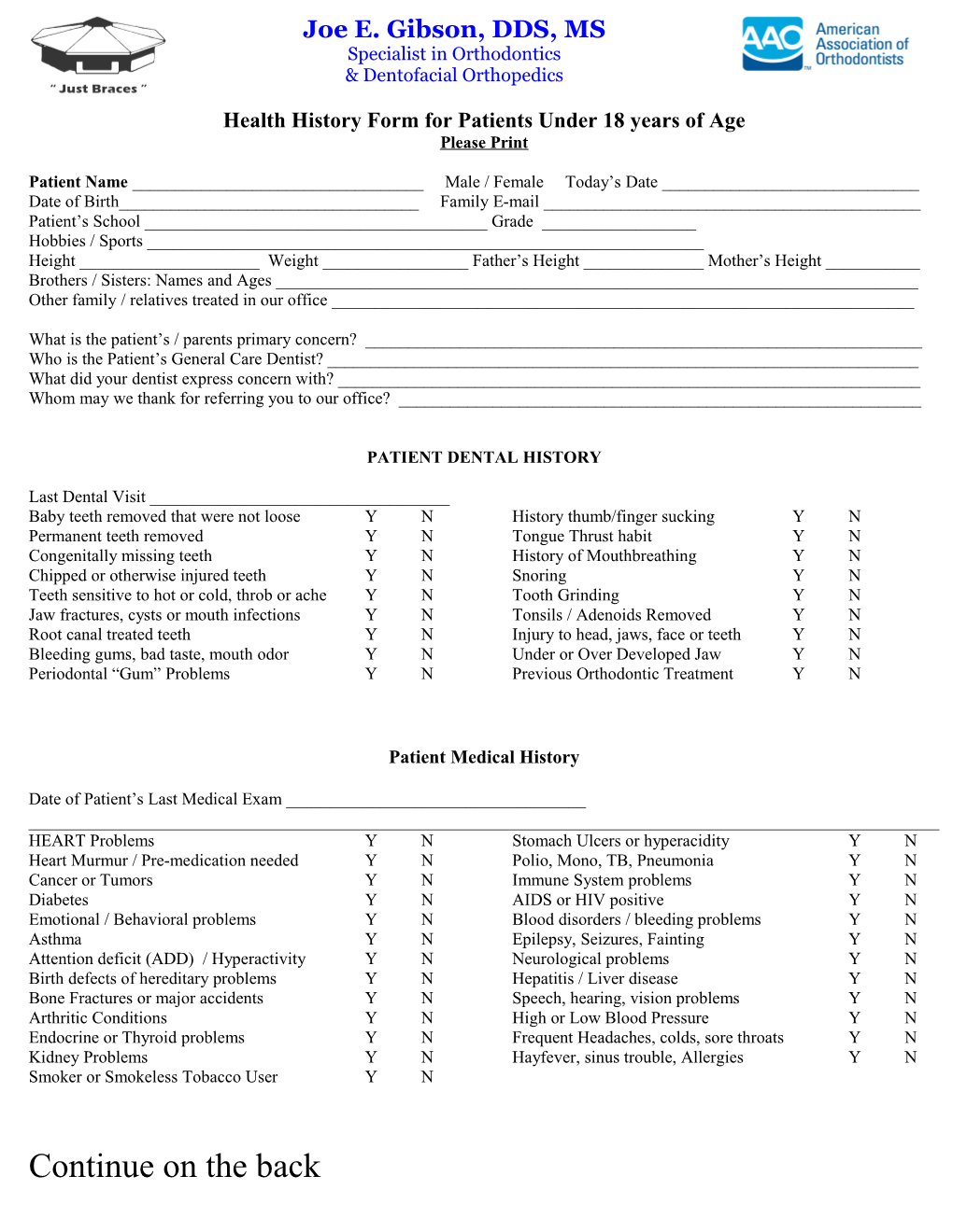 Health History Form for Patients Under 18 Years of Age