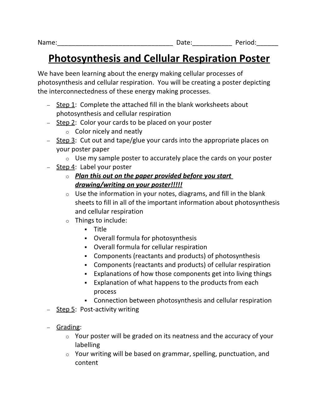 Photosynthesis and Cellular Respiration Poster